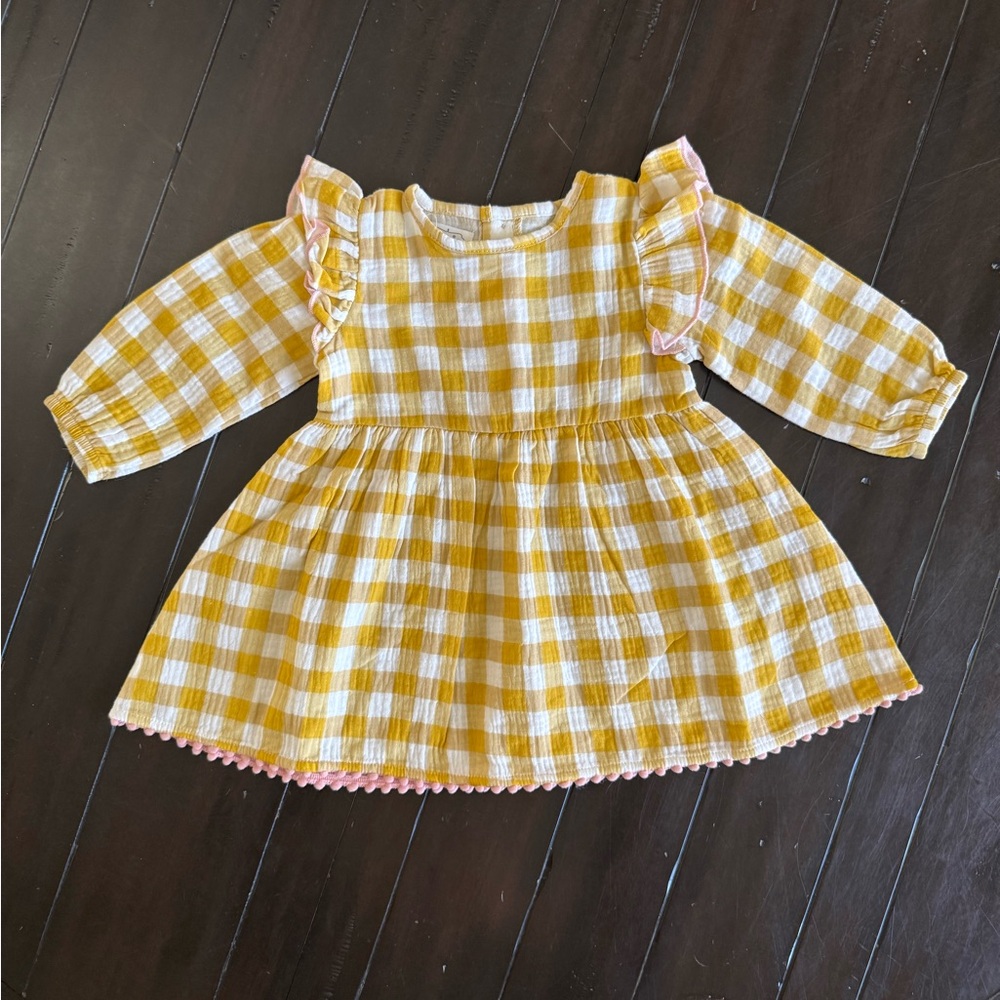 Mud Pie Mustard Gingham Baby Girl Dress 6–9M NWT